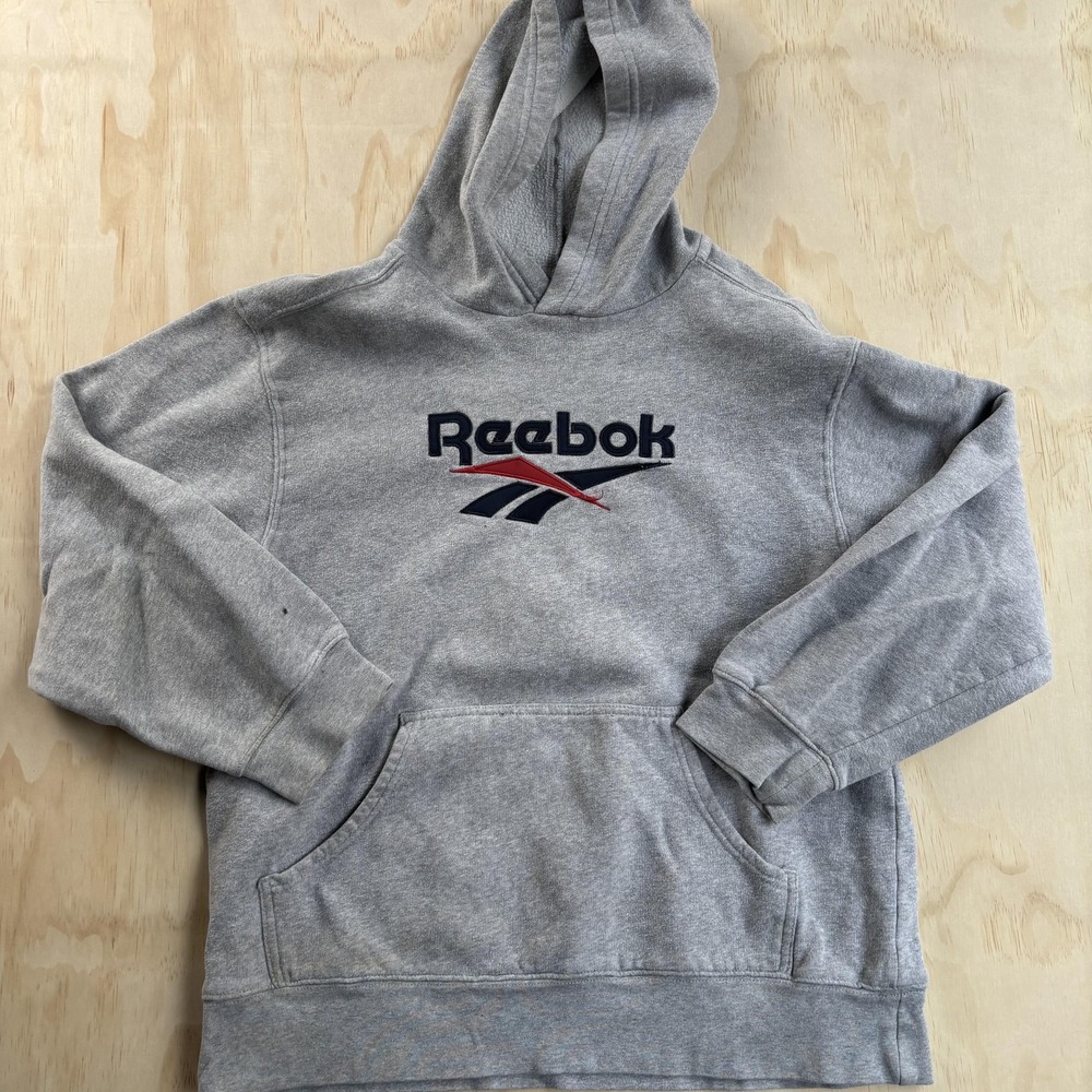 Reebok Hoodie Youth XL Gray Logo Fleece Pullover Sweatshirt Kids Athletic
